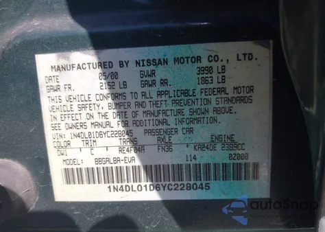 2000 Nissan Altima Gle/Gxe/Se/Xe z USA, uszkodzony, nr VIN 1N4DL01D6YC228045